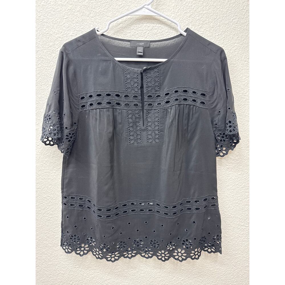 J Crew Blouse Women's Size 6 Black 100% Silk Embroidered Lasercut Shirt